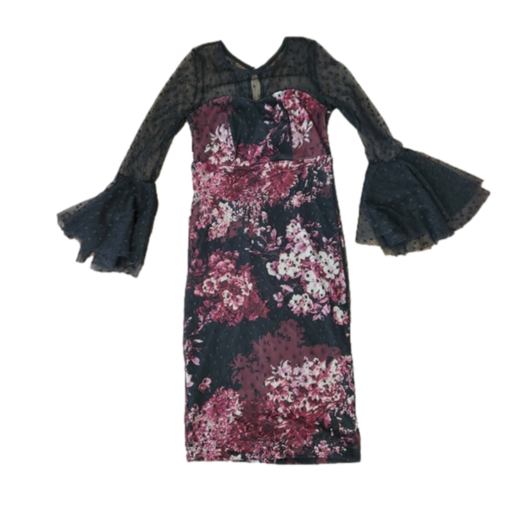 Venus Floral Print Lacey Bell Sleeved Dress